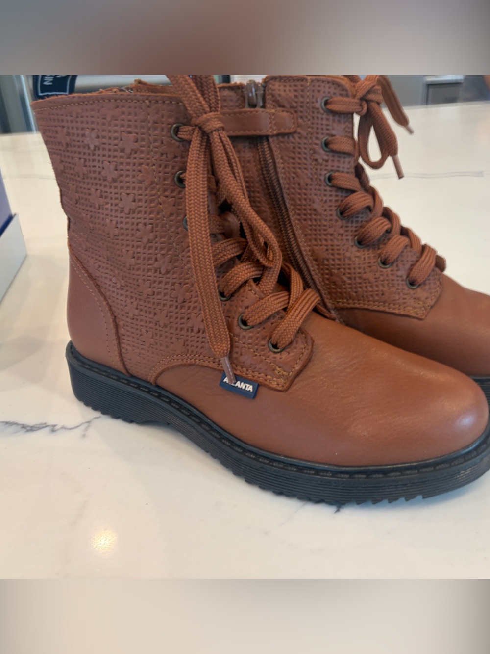 Girls Tan Lace-Up Combat Boots. Atlanta luggage print boot!  Beautiful and NEW!!